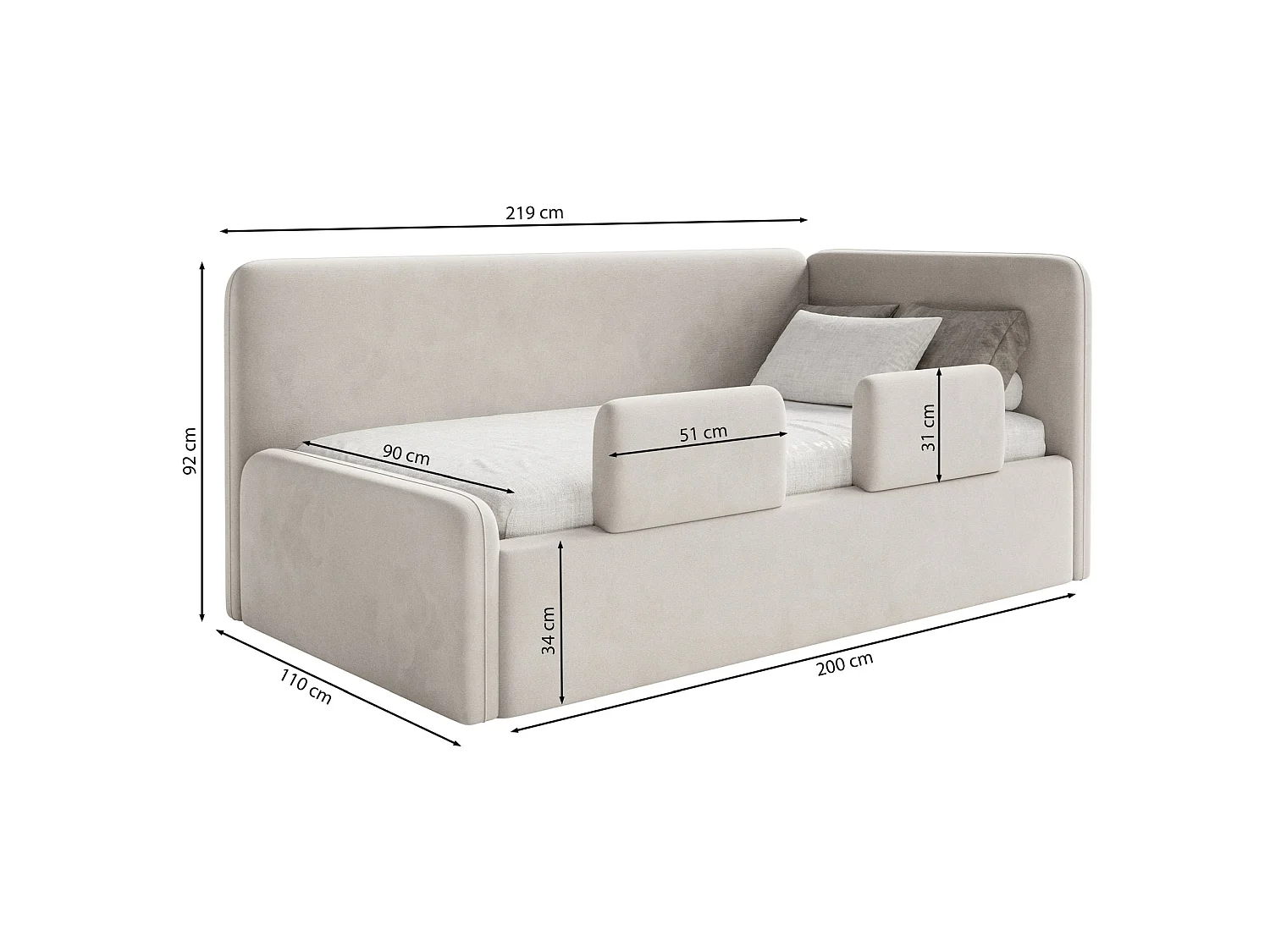 Lit enfant 90x200 – barrière de sécurité, matelas, tête de lit à droite – en peluche – rose poudré – FANKO