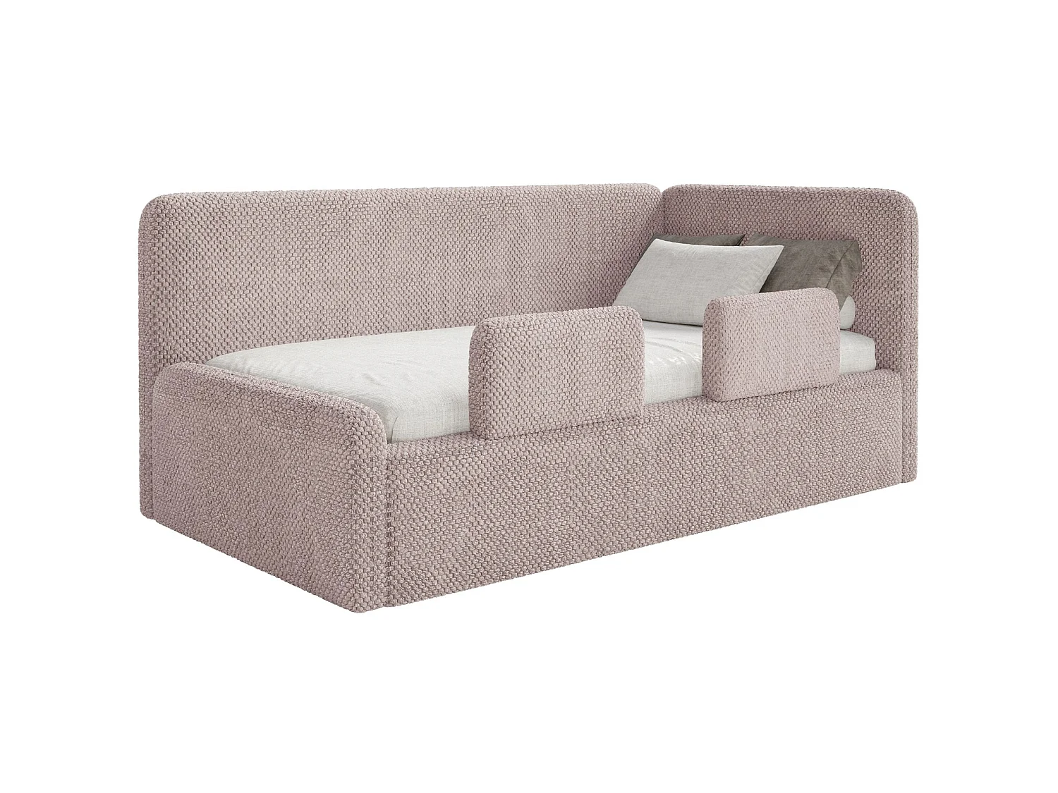 Lit enfant 90x200 – barrière de sécurité, matelas, tête de lit à droite – en peluche – rose poudré – FANKO