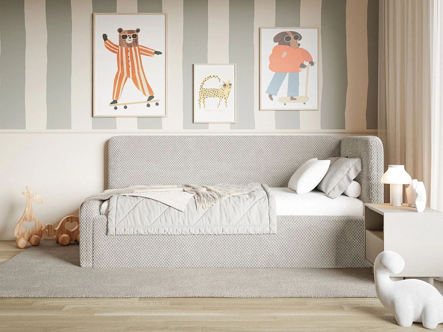 Lit junior 90x200 – barrière de sécurité, matelas, tête de lit à droite – en peluche – grège – FANKO