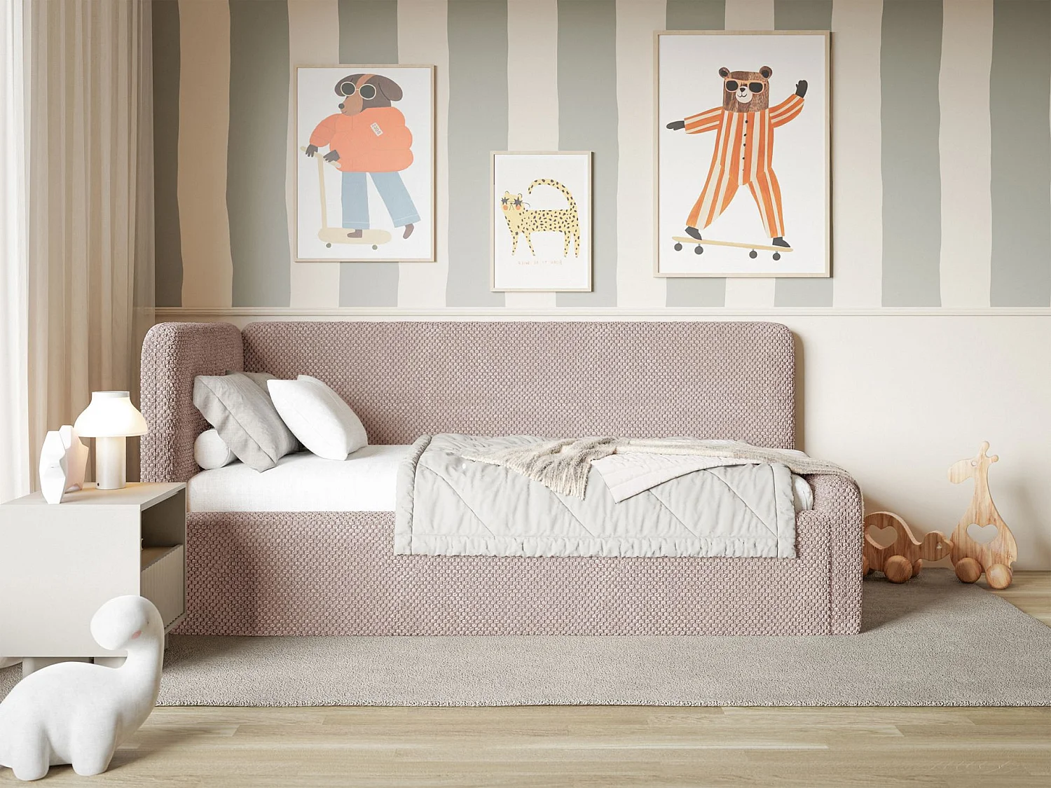 Jugendbett mit Kopfteil links – Plüsch – Puderrosa – 90x200 cm – FANKO