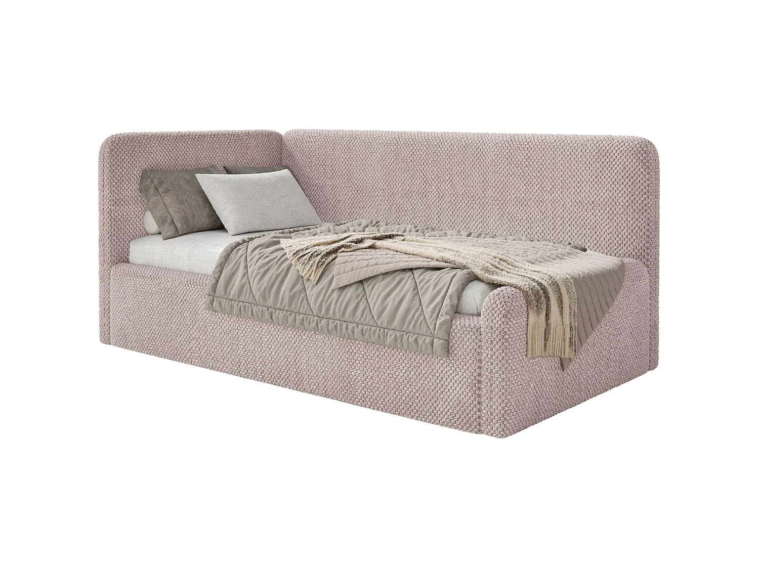 Lit junior 90x200 – tête de lit à droite – en peluche – rose poudré – FANKO