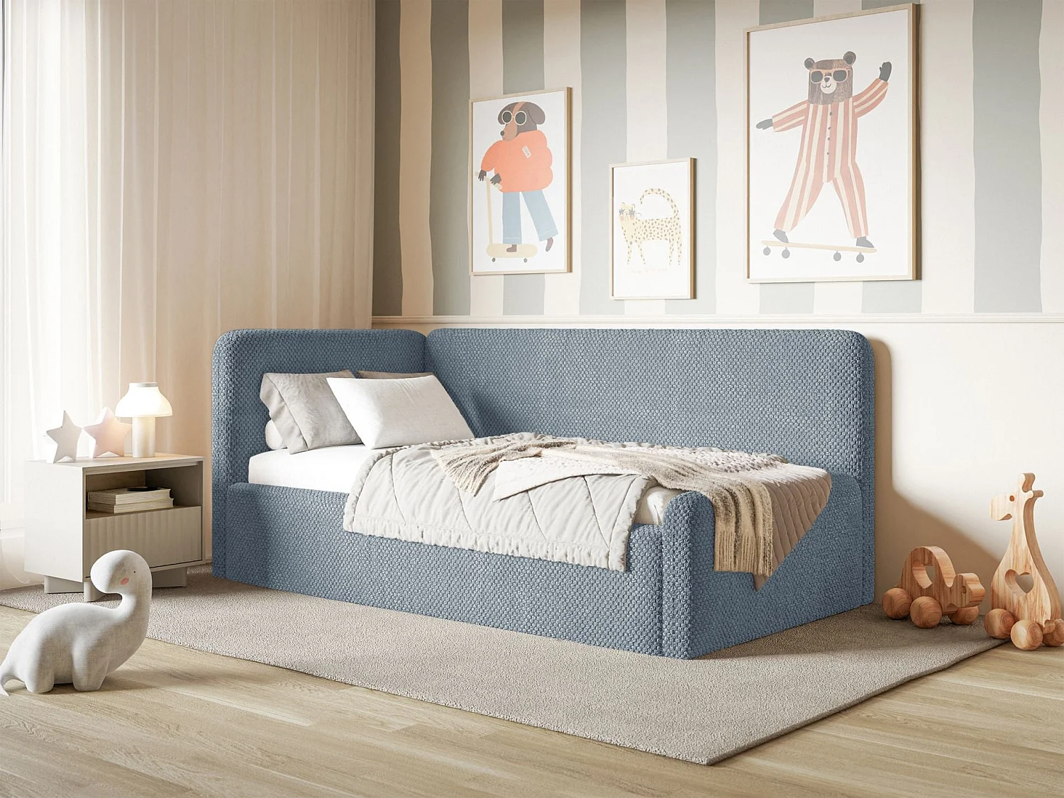 Lit junior 90x200 – tête de lit à droite – en peluche – bleu – FANKO