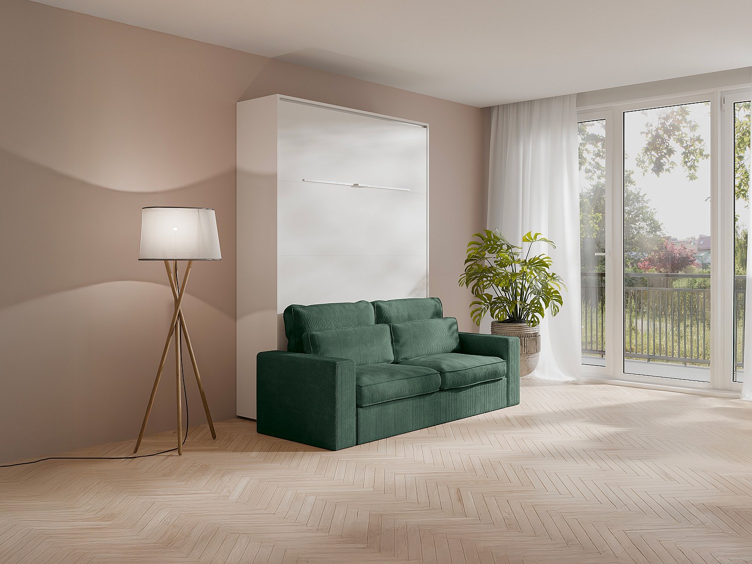 Uttrekksseng 160 x 200 cm - Manuell vertikal åpning - Med LED-lys - Hvit + Grønn sofa - RAPILI