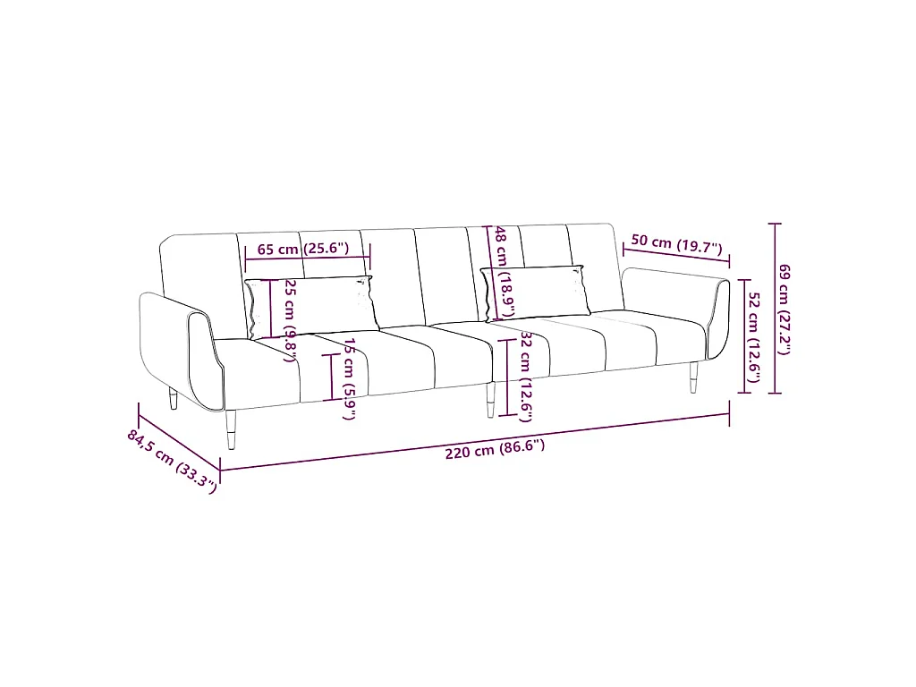 Canapé-lit à 2 places et deux oreillers Rouge bordeaux Velours