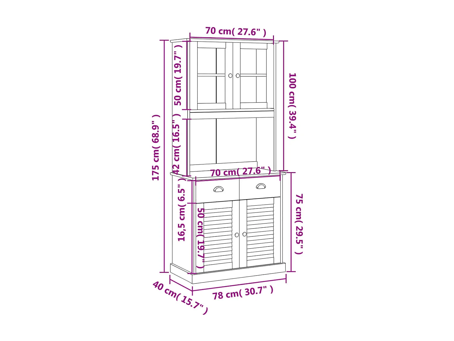 Hoge kast VIGO 78x40x175 cm massief grenenhout