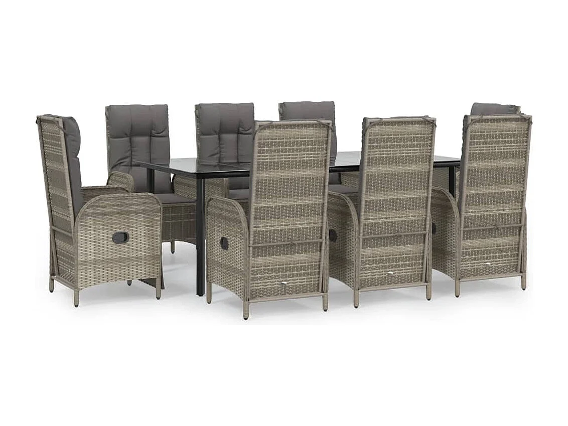 Set comedor jardín 9 pzas y cojines ratán sintético negro gris