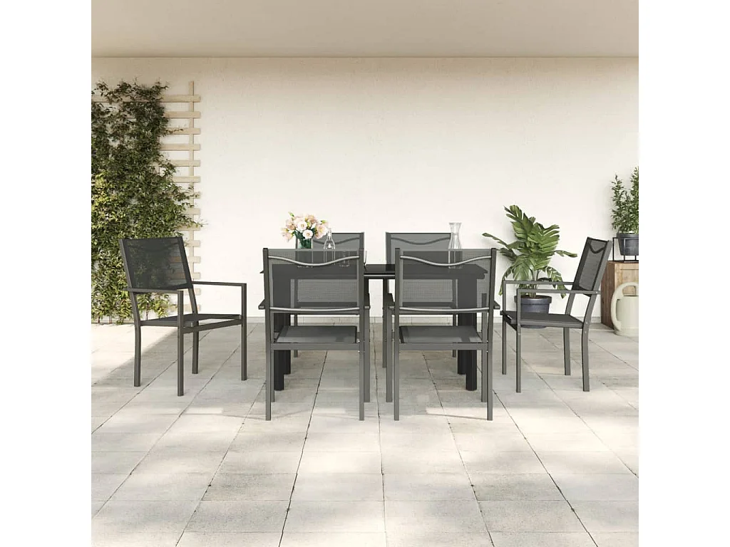 7 pcs conjunto de jantar para jardim aço e textilene preto