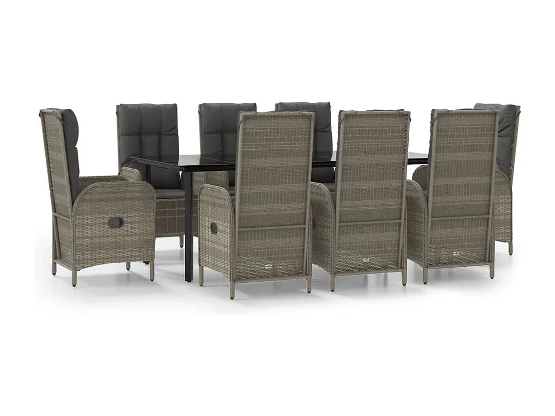 Set comedor jardín 9 pzas y cojines ratán sintético negro gris