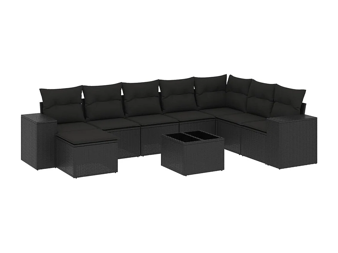 9-tlg. Garten-Sofagarnitur mit Kissen Schwarz Poly Rattan