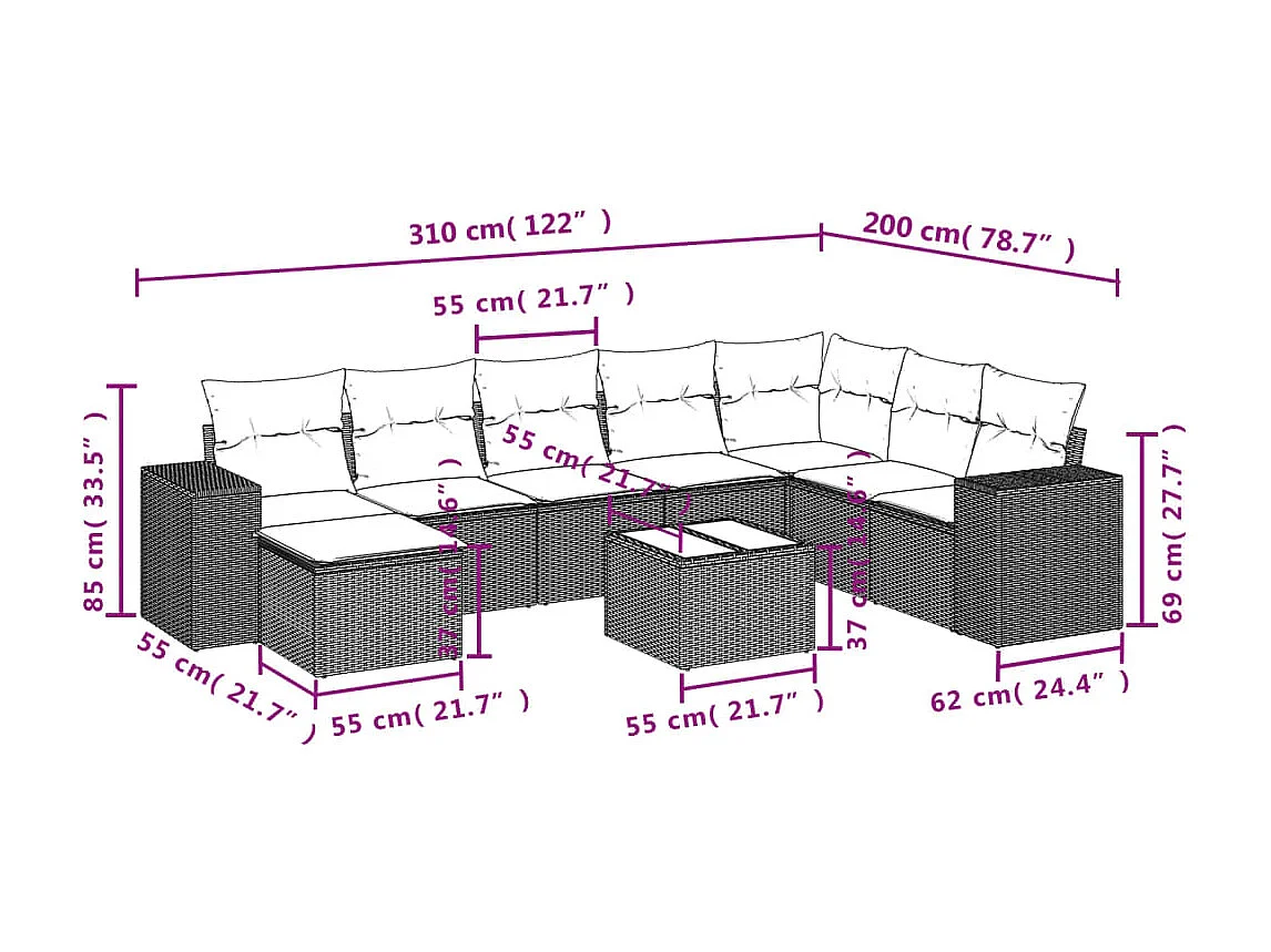9-tlg. Garten-Sofagarnitur mit Kissen Schwarz Poly Rattan