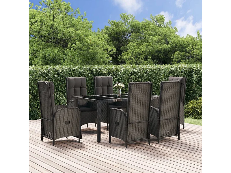 7-tlg. Garten-Essgruppe mit Kissen Schwarz Poly Rattan