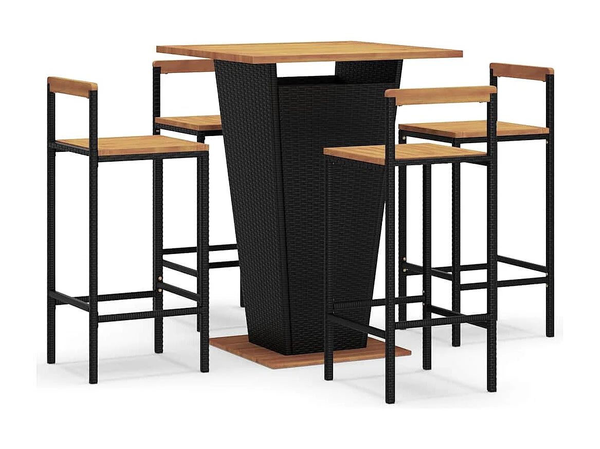 Set Bar Giardino 5 pz Nero Polyrattan e Legno Massello Acacia