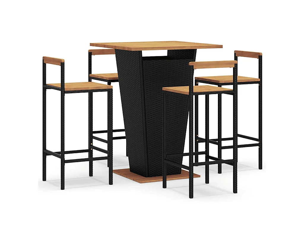 Set Bar Giardino 5 pz Nero Polyrattan e Legno Massello Acacia