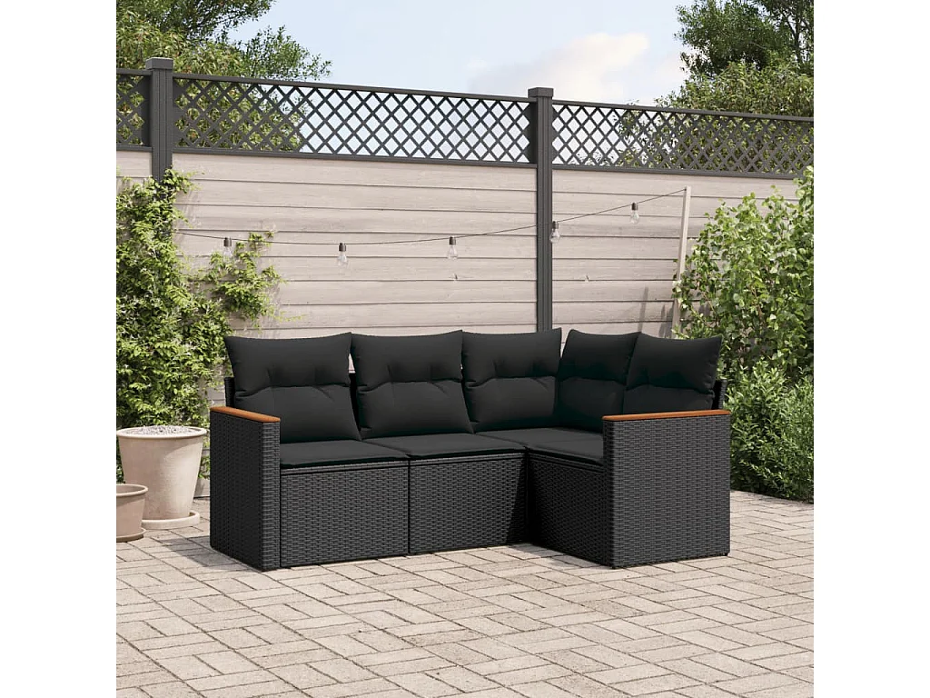 Salon de jardin 4 pcs avec coussins noir résine tressée