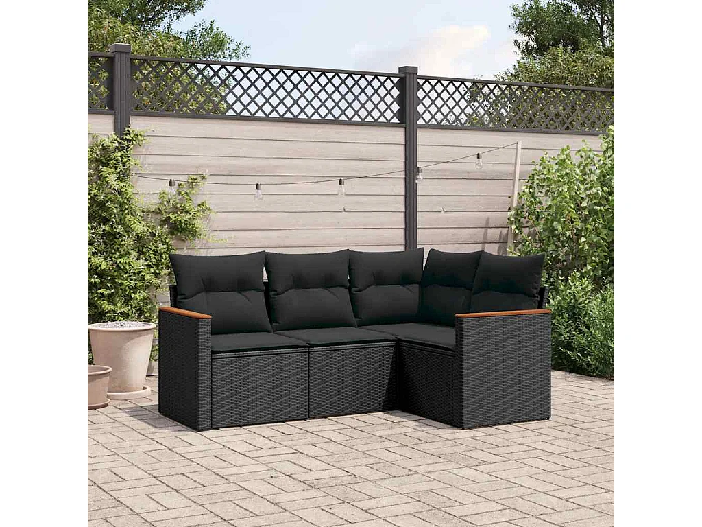 4-tlg. Garten-Sofagarnitur mit Kissen Schwarz Poly Rattan