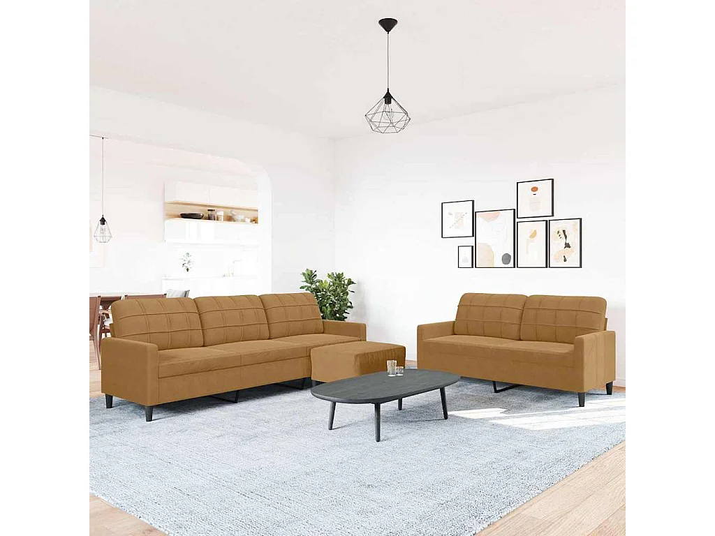 3-tlg. Sofagarnitur mit Kissen Braun Samt