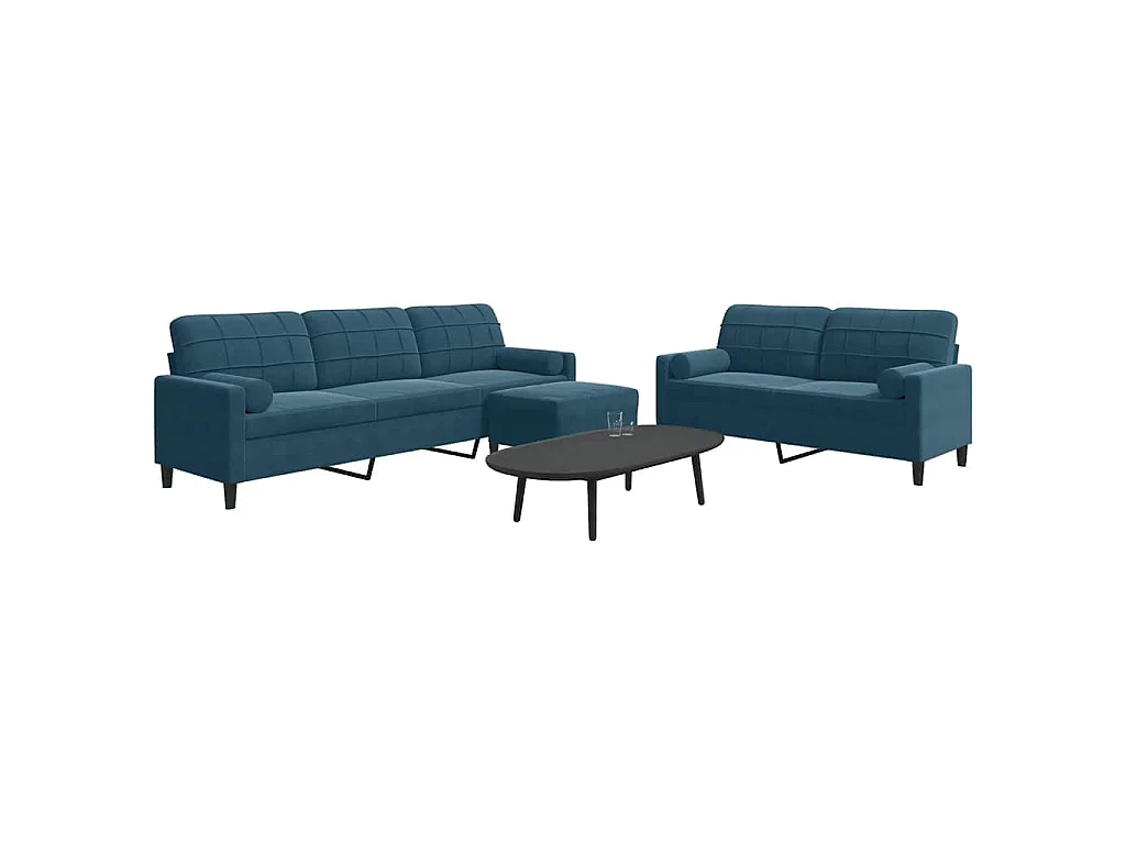 Ensemble de canapés 3pcs et coussins et traversins bleu velours