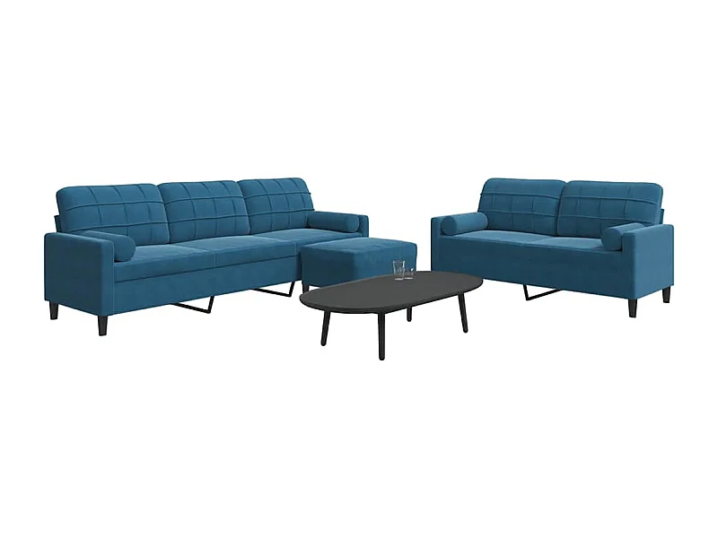 3 pcs conjunto de sofás com almofadões e rolos veludo azul