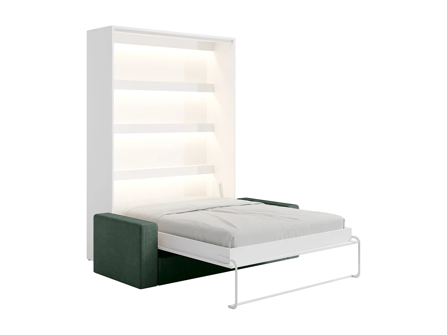 Lit escamotable 160 x 200 cm - Ouverture verticale manuelle - Avec LEDs - Blanc + Canapé Vert + Matelas - RAPILI