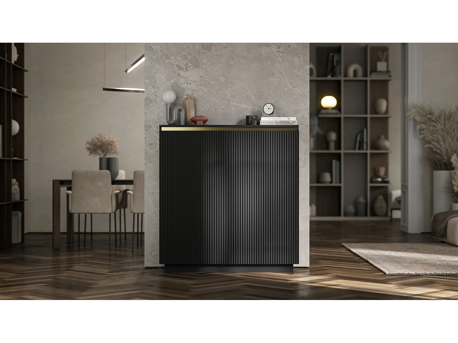 Commode à 2 portes – corps noir mat, façades rainurées noir mat – 110,8 cm, sur socle