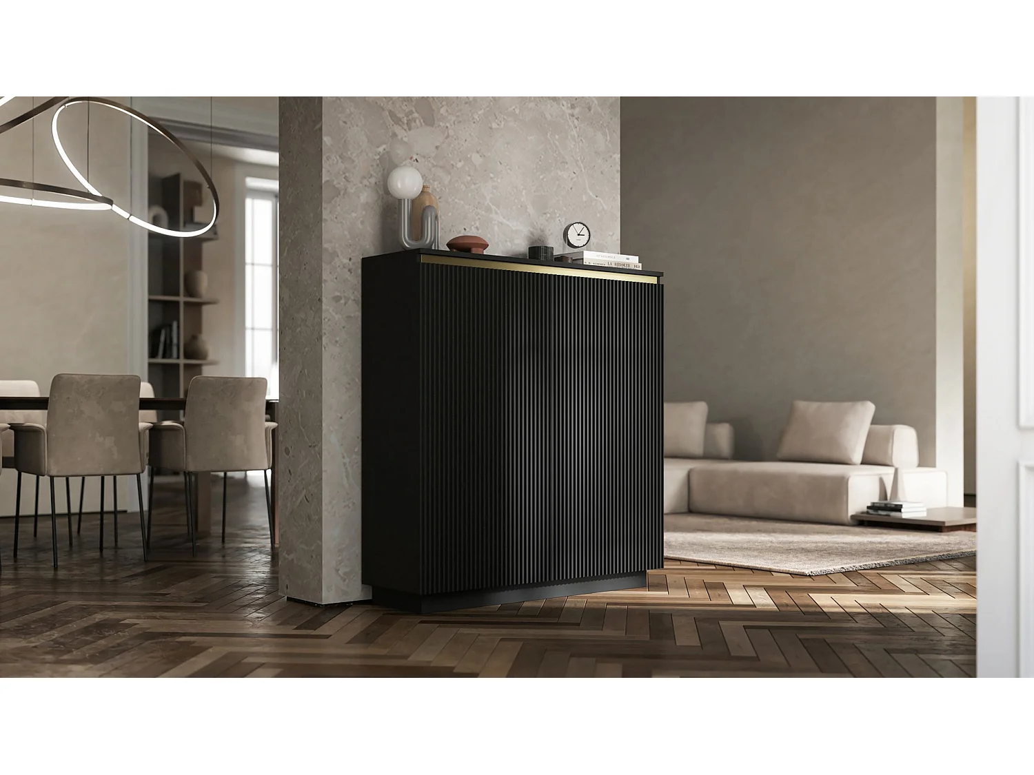 Commode à 2 portes – corps noir mat, façades rainurées noir mat – 110,8 cm, sur socle