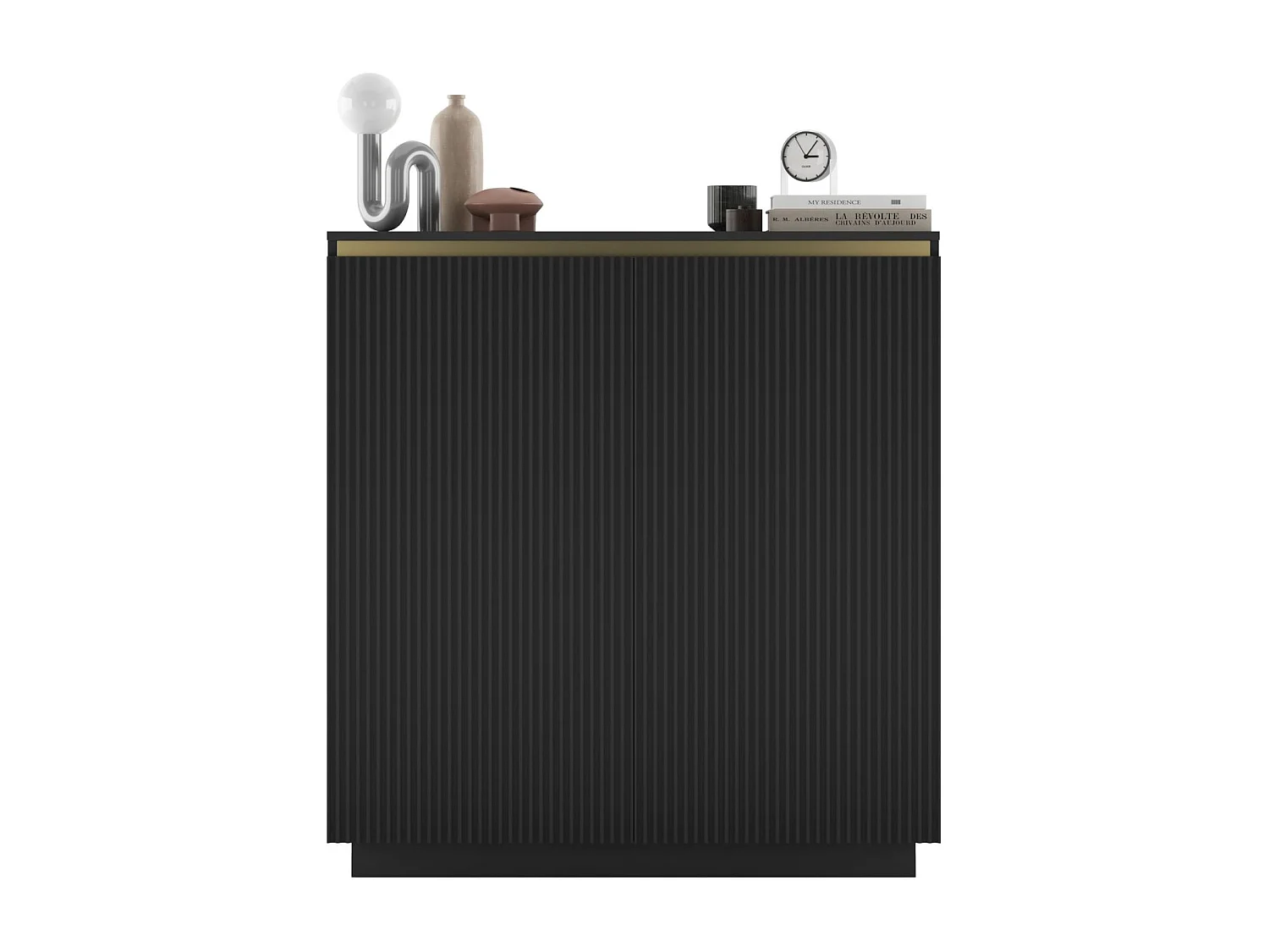 Commode met 2 deuren – romp mat zwart, gefreesde fronten mat zwart – 110,8 cm, op plint