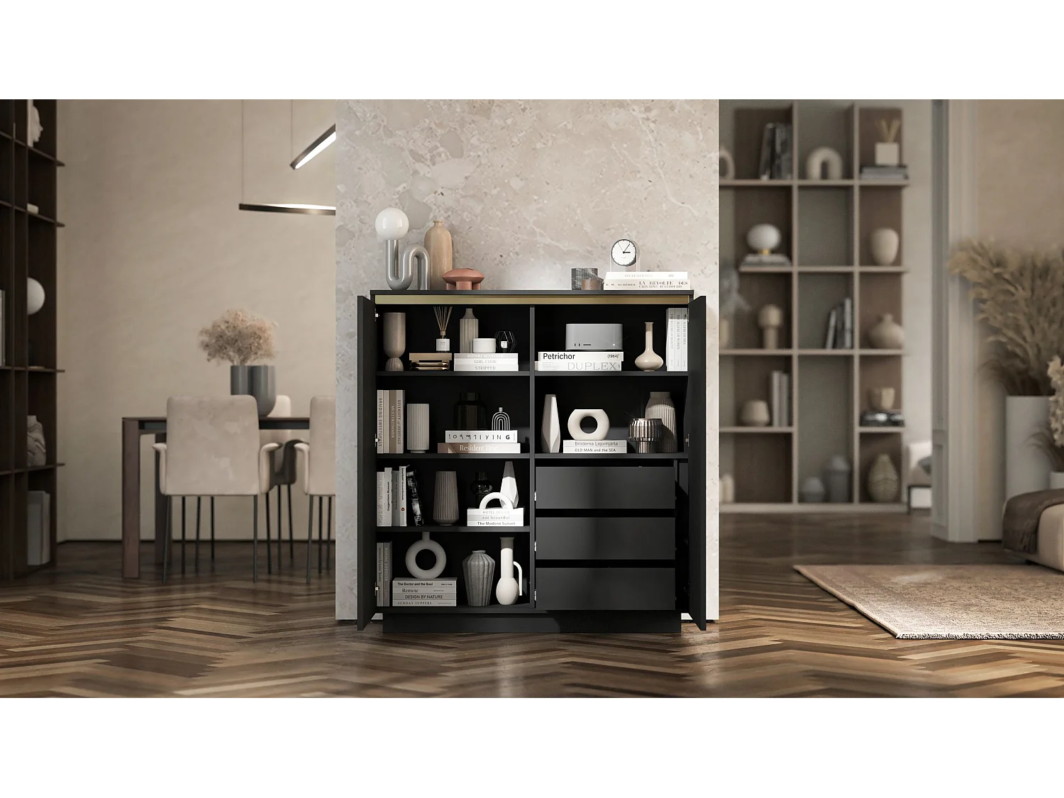 Commode met 2 deuren – romp mat zwart, gefreesde fronten mat zwart – 110,8 cm, op plint