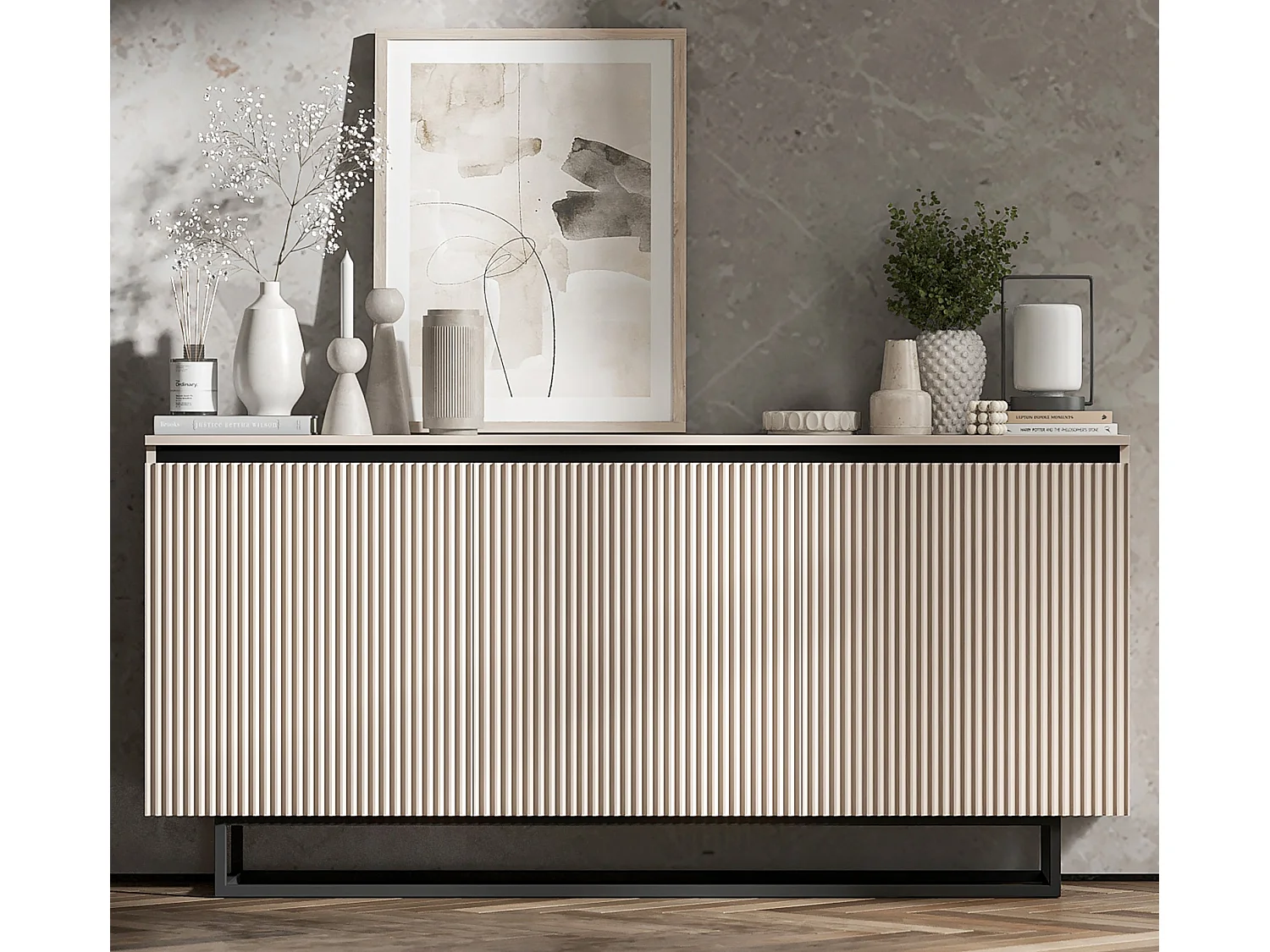 Commode à 3 portes – corps cachemire mat, façades rainurées cachemire mat – 166.8 cm, Cadre en métal noir