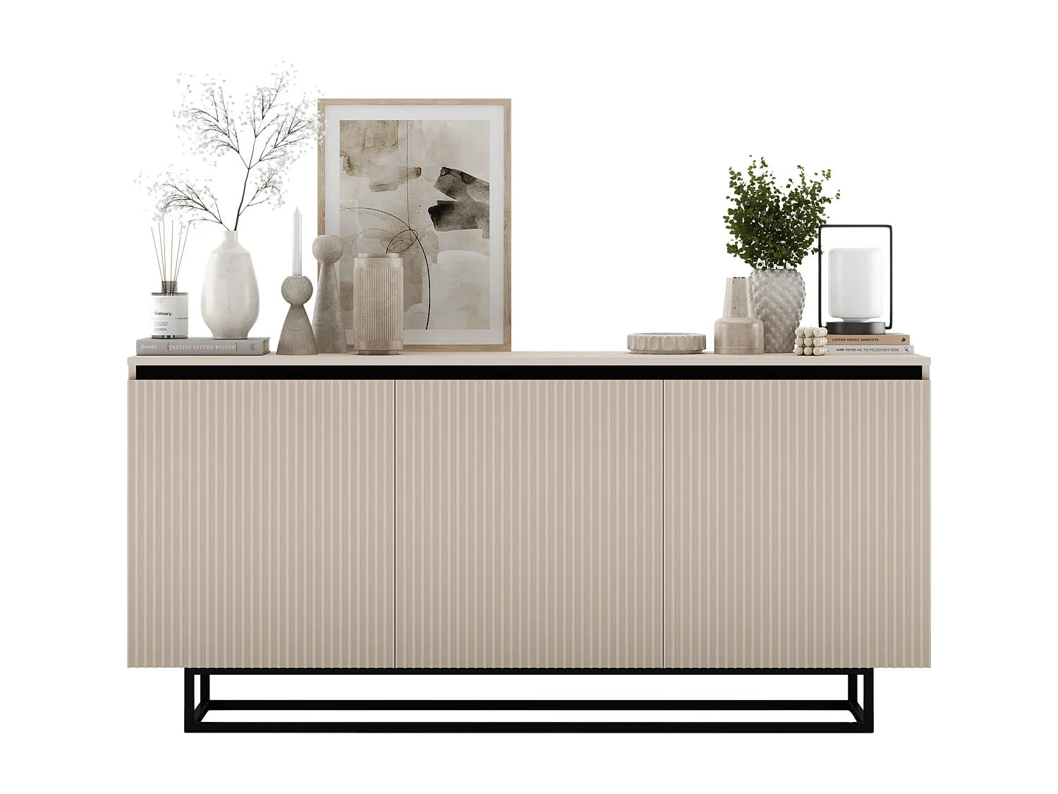 Commode à 3 portes – corps cachemire mat, façades rainurées cachemire mat – 166.8 cm, Cadre en métal noir