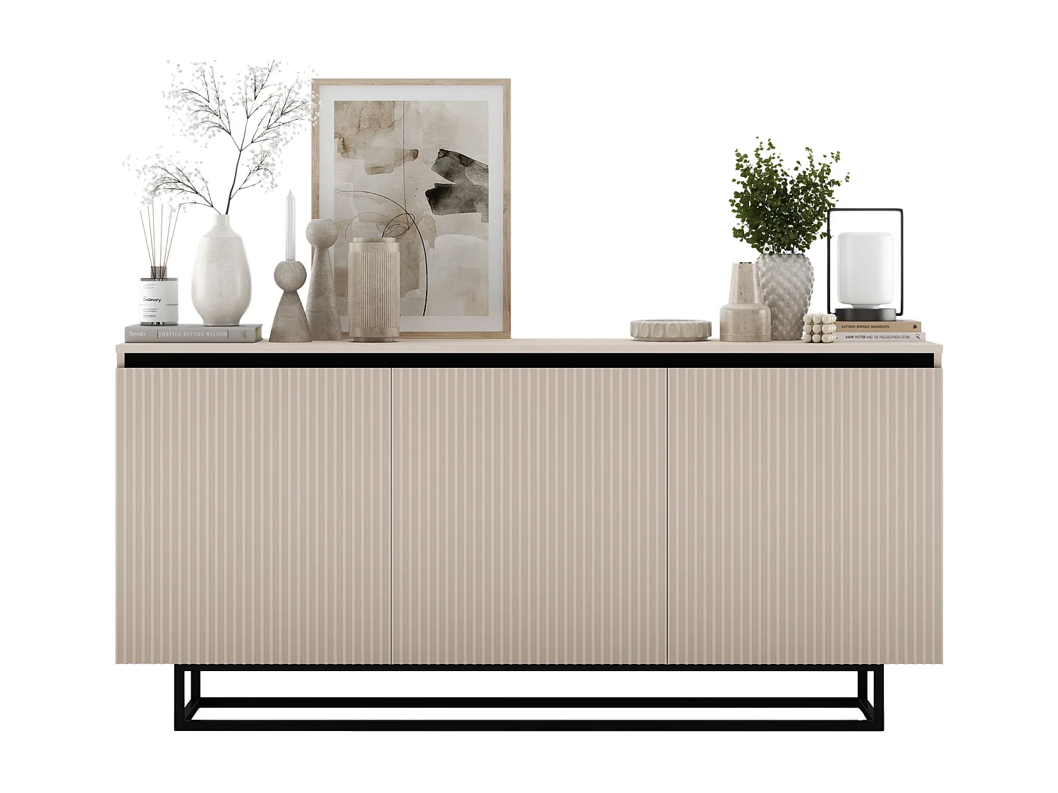 Commode à 3 portes – corps cachemire mat, façades rainurées cachemire mat – 166.8 cm, Cadre en métal noir