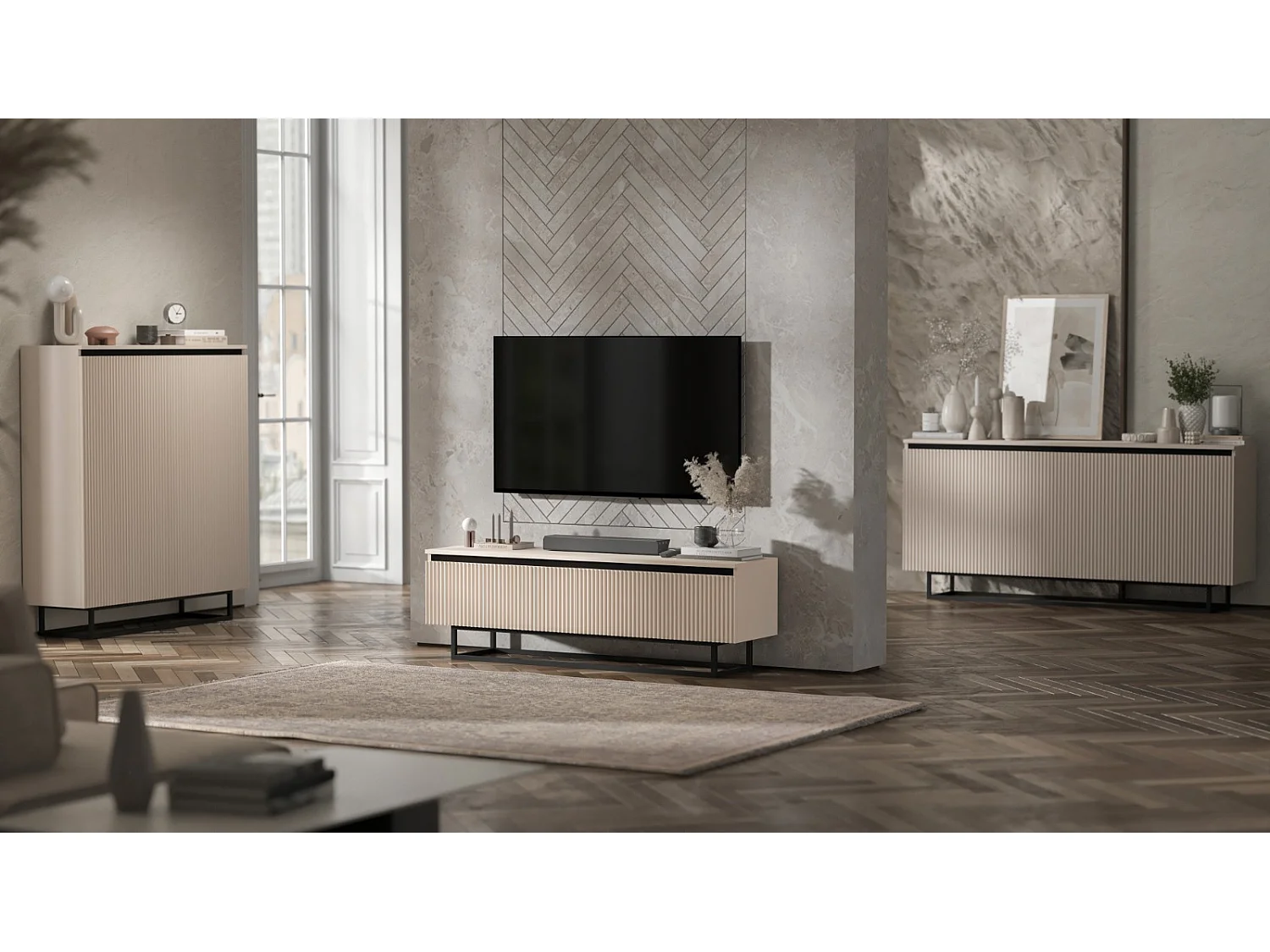 Commode à 3 portes – corps cachemire mat, façades rainurées cachemire mat – 166.8 cm, Cadre en métal noir