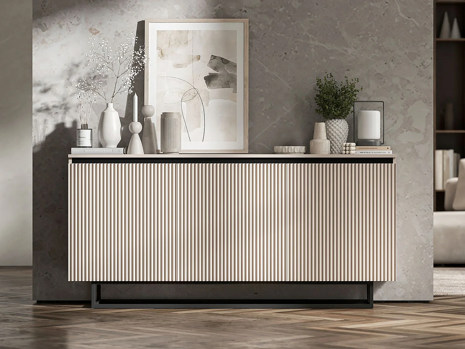 Commode à 3 portes – corps cachemire mat, façades rainurées cachemire mat – 166.8 cm, Cadre en métal noir