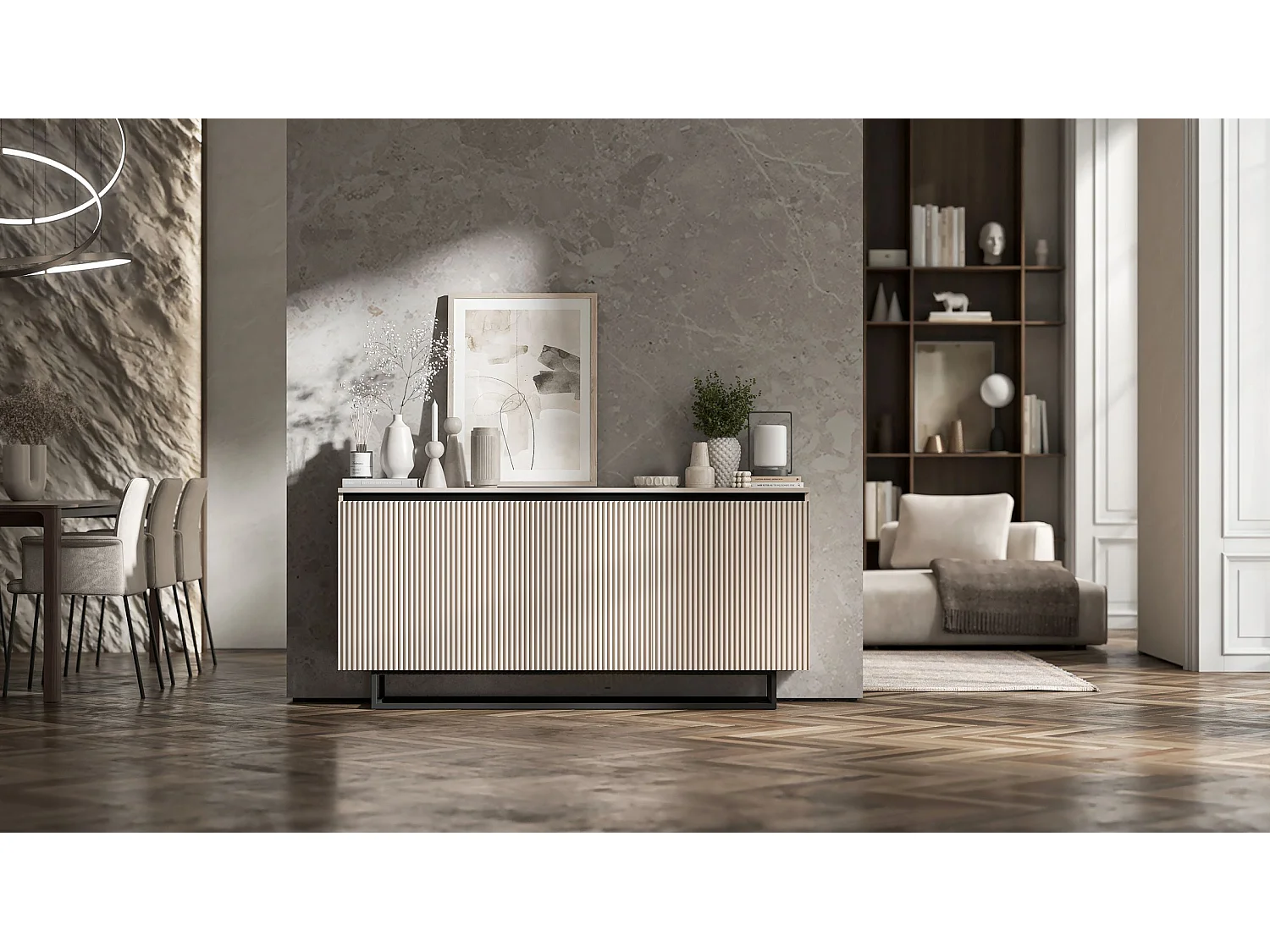 Commode à 3 portes – corps cachemire mat, façades rainurées cachemire mat – 166.8 cm, Cadre en métal noir