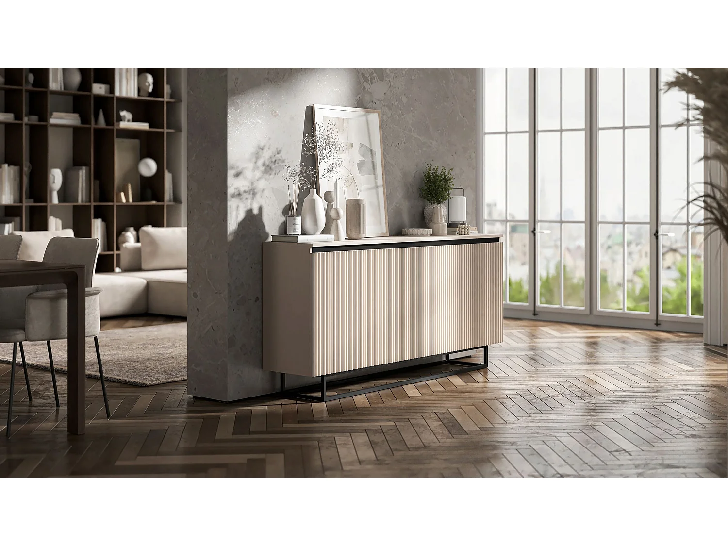 Commode à 3 portes – corps cachemire mat, façades rainurées cachemire mat – 166.8 cm, Cadre en métal noir
