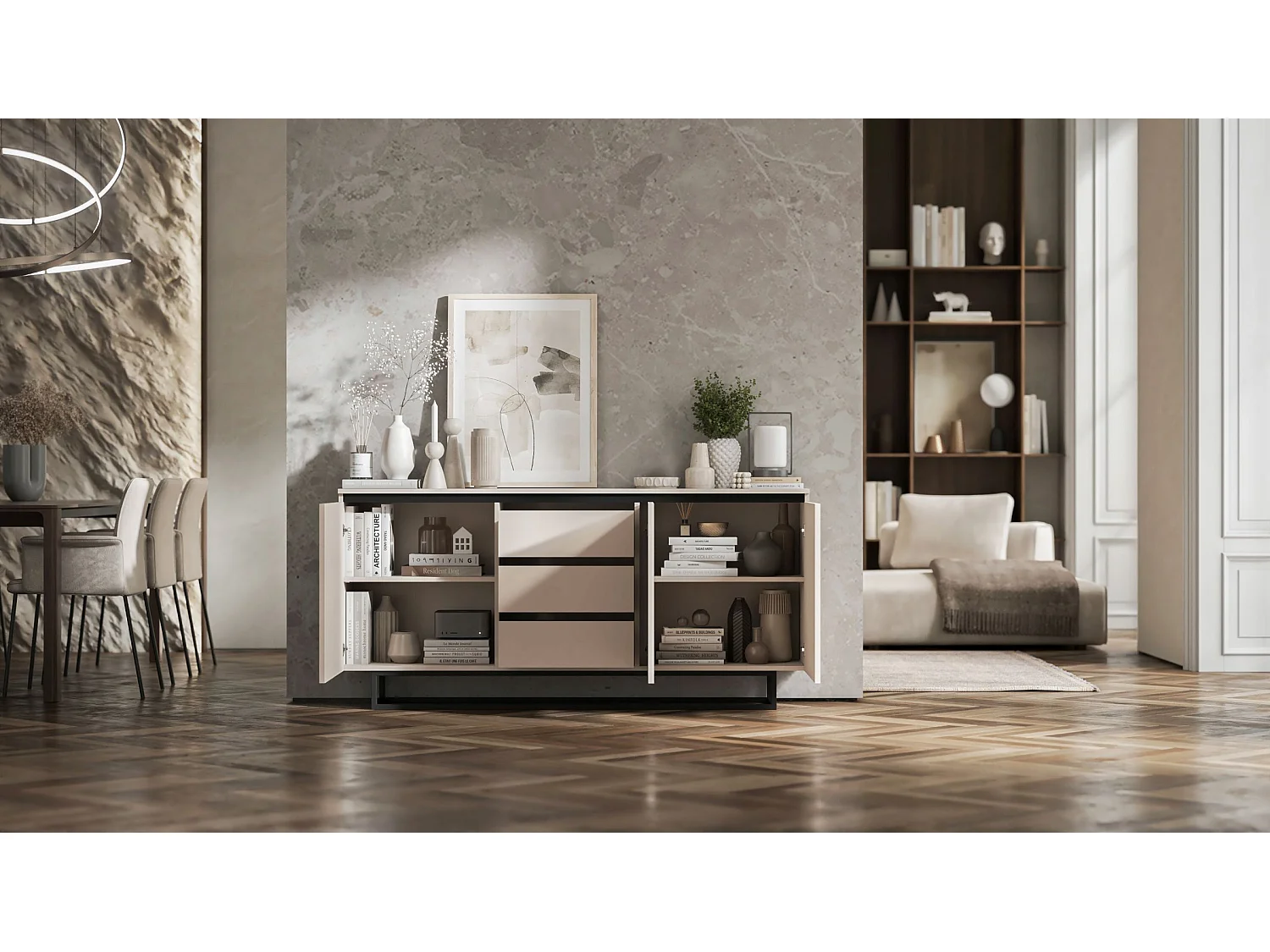Commode à 3 portes – corps cachemire mat, façades rainurées cachemire mat – 166.8 cm, Cadre en métal noir