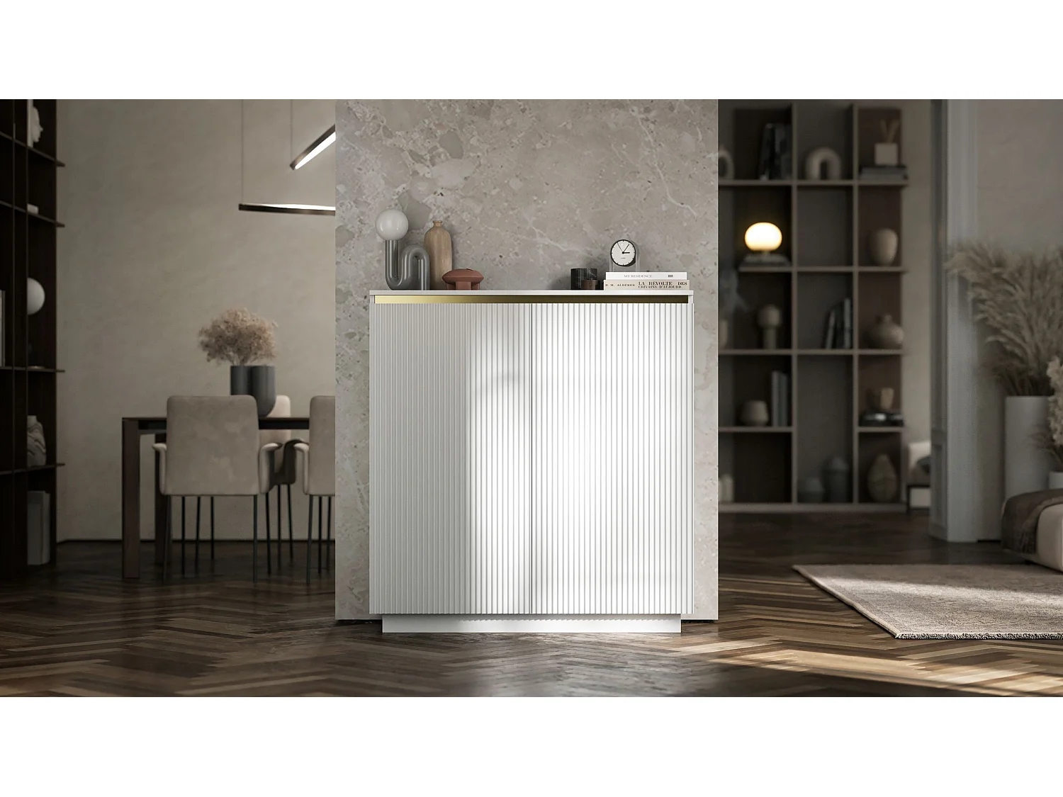Commode à 2 portes – corps blanc mat, façades rainurées blanc mat – 110,8 cm, sur socle