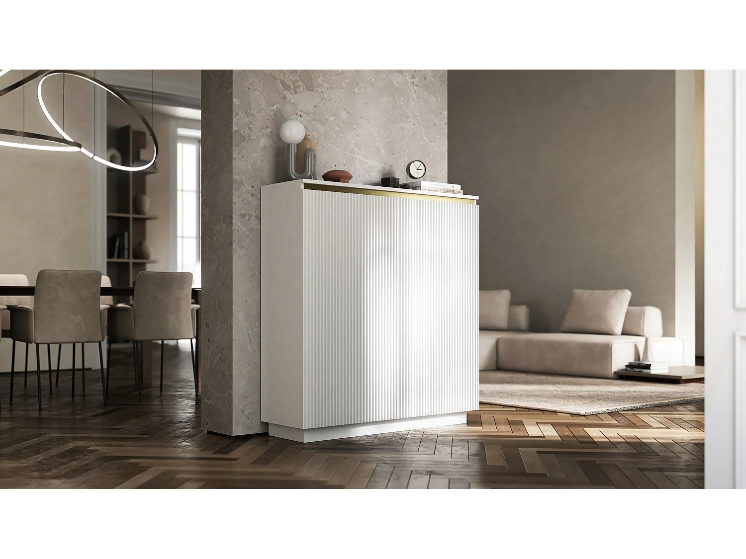 Commode à 2 portes – corps blanc mat, façades rainurées blanc mat – 110,8 cm, sur socle