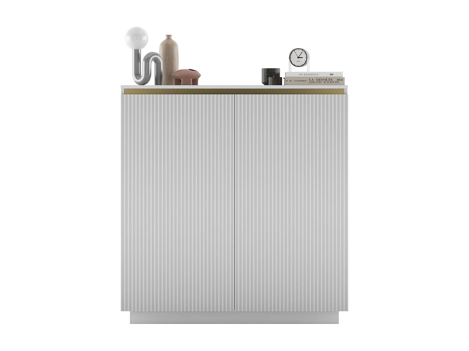 Dressoir met 2 deuren – corpus wit mat, geribbelde fronten wit mat – 110,8 cm, op sokkel