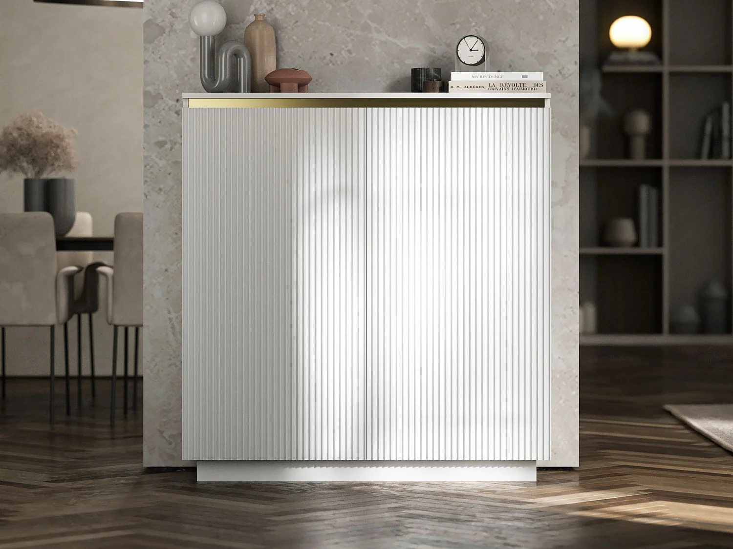 Dressoir met 2 deuren – corpus wit mat, geribbelde fronten wit mat – 110,8 cm, op sokkel