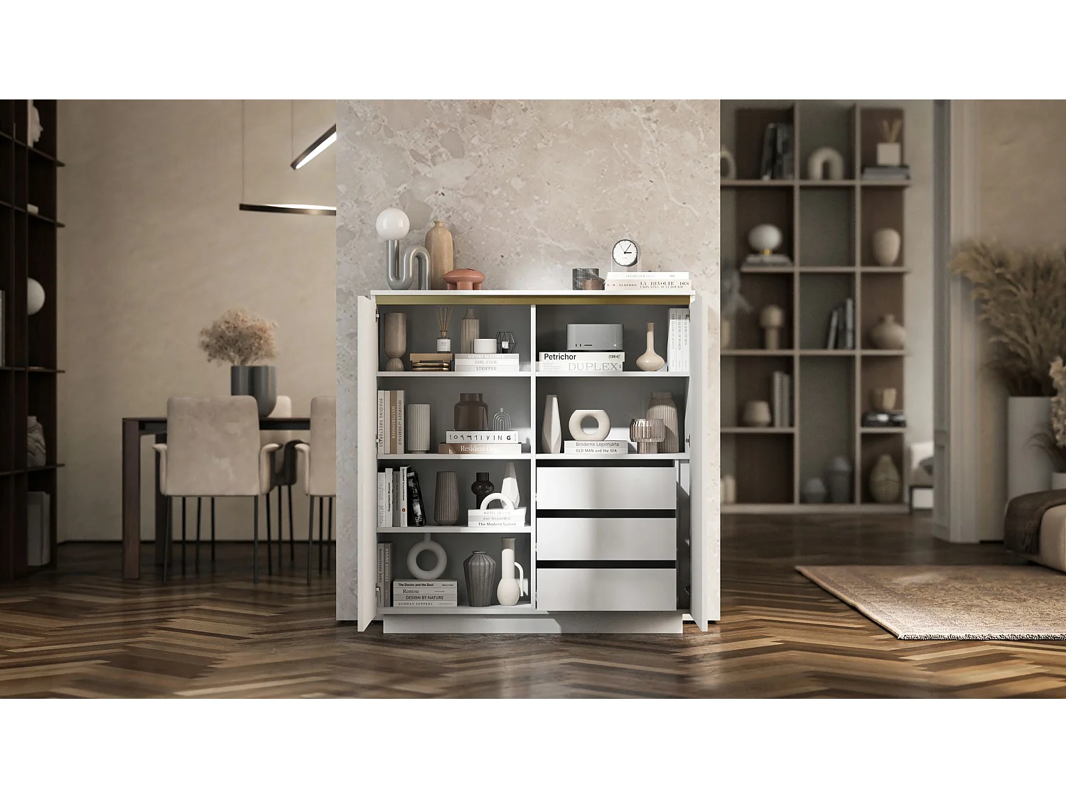 Dressoir met 2 deuren – corpus wit mat, geribbelde fronten wit mat – 110,8 cm, op sokkel