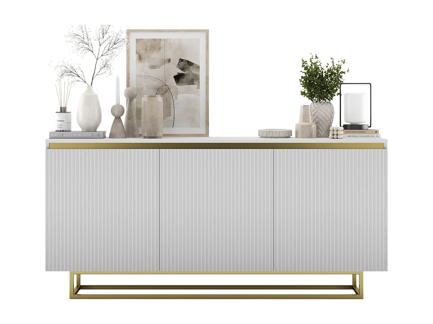Commode à 3 portes – corps blanc mat, façades rainurées blanc mat – 166.8 cm, Cadre en métal doré