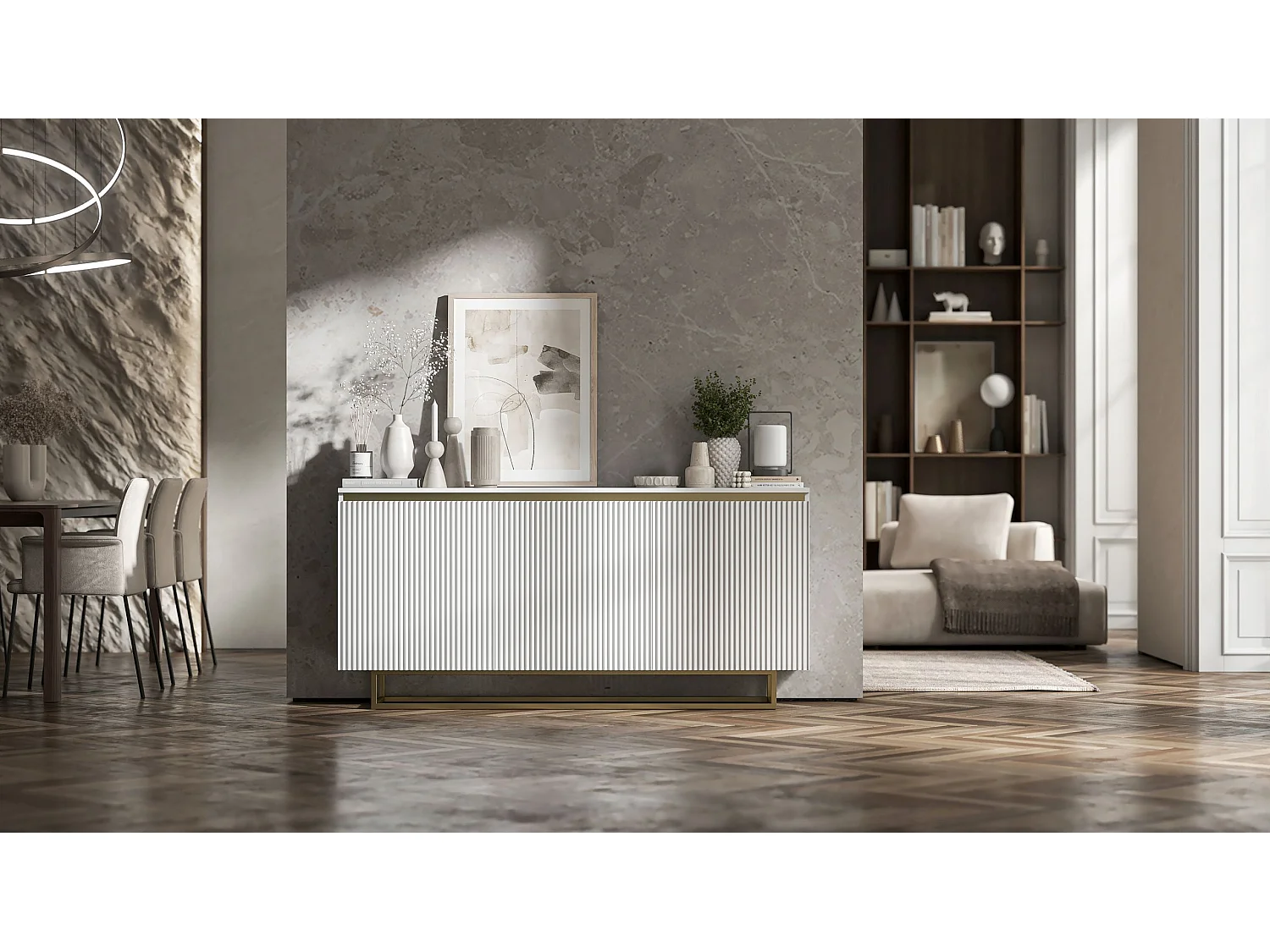 Commode à 3 portes – corps blanc mat, façades rainurées blanc mat – 166.8 cm, Cadre en métal doré