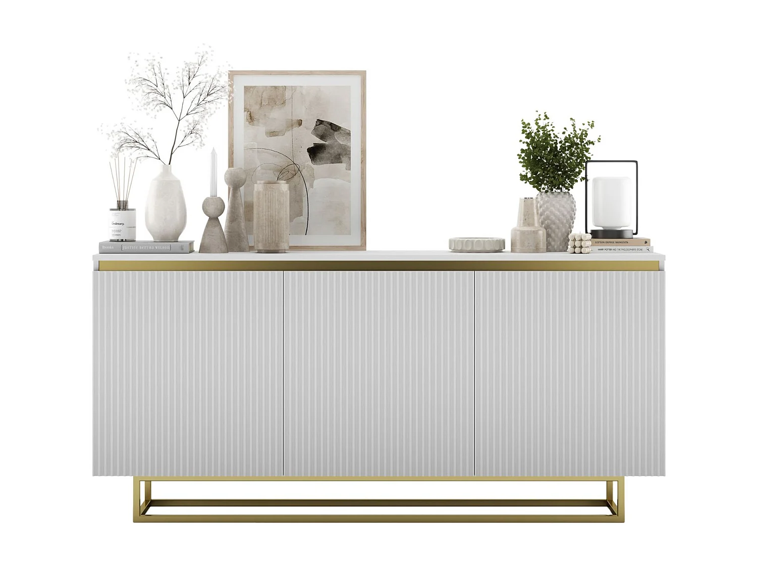 Commode à 3 portes – corps blanc mat, façades rainurées blanc mat – 166.8 cm, Cadre en métal doré