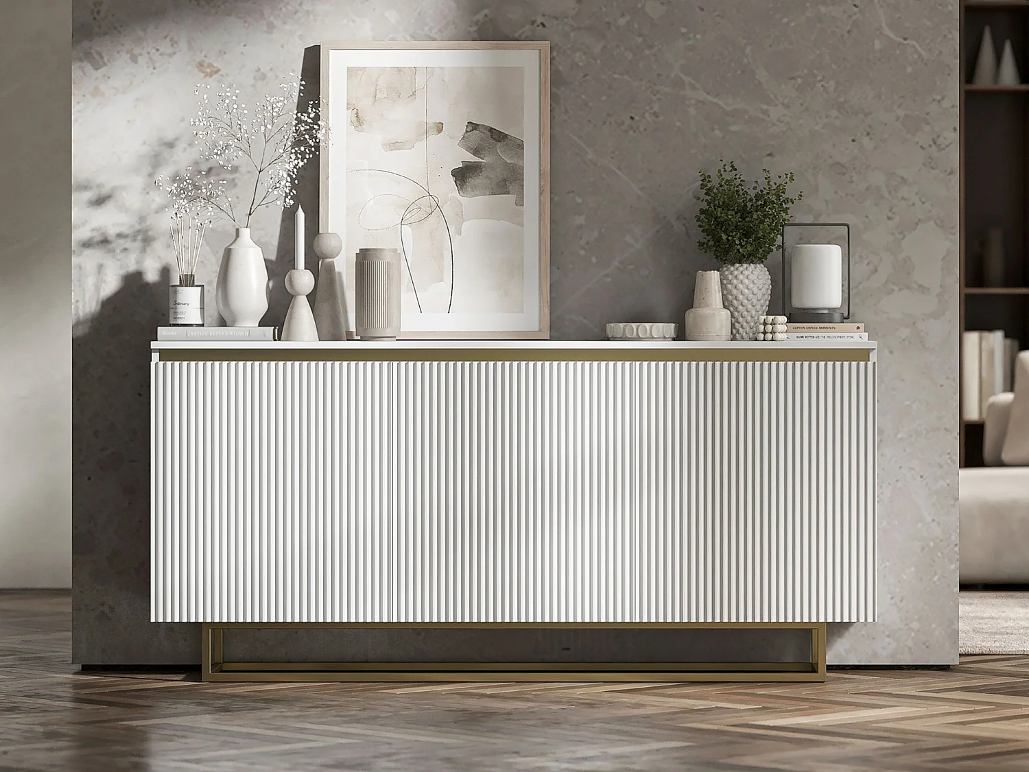 Commode à 3 portes – corps blanc mat, façades rainurées blanc mat – 166.8 cm, Cadre en métal doré
