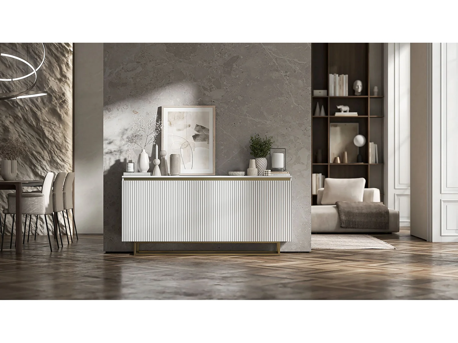 Commode à 3 portes – corps blanc mat, façades rainurées blanc mat – 166.8 cm, Cadre en métal doré