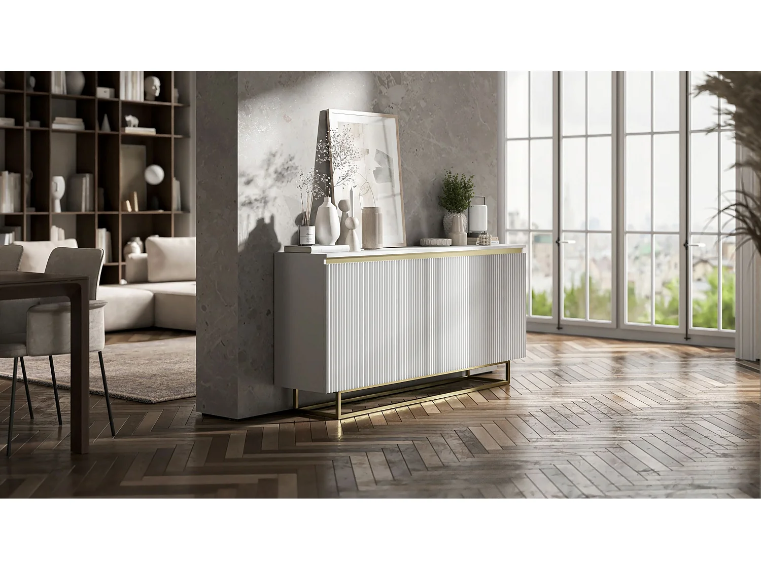Commode à 3 portes – corps blanc mat, façades rainurées blanc mat – 166.8 cm, Cadre en métal doré