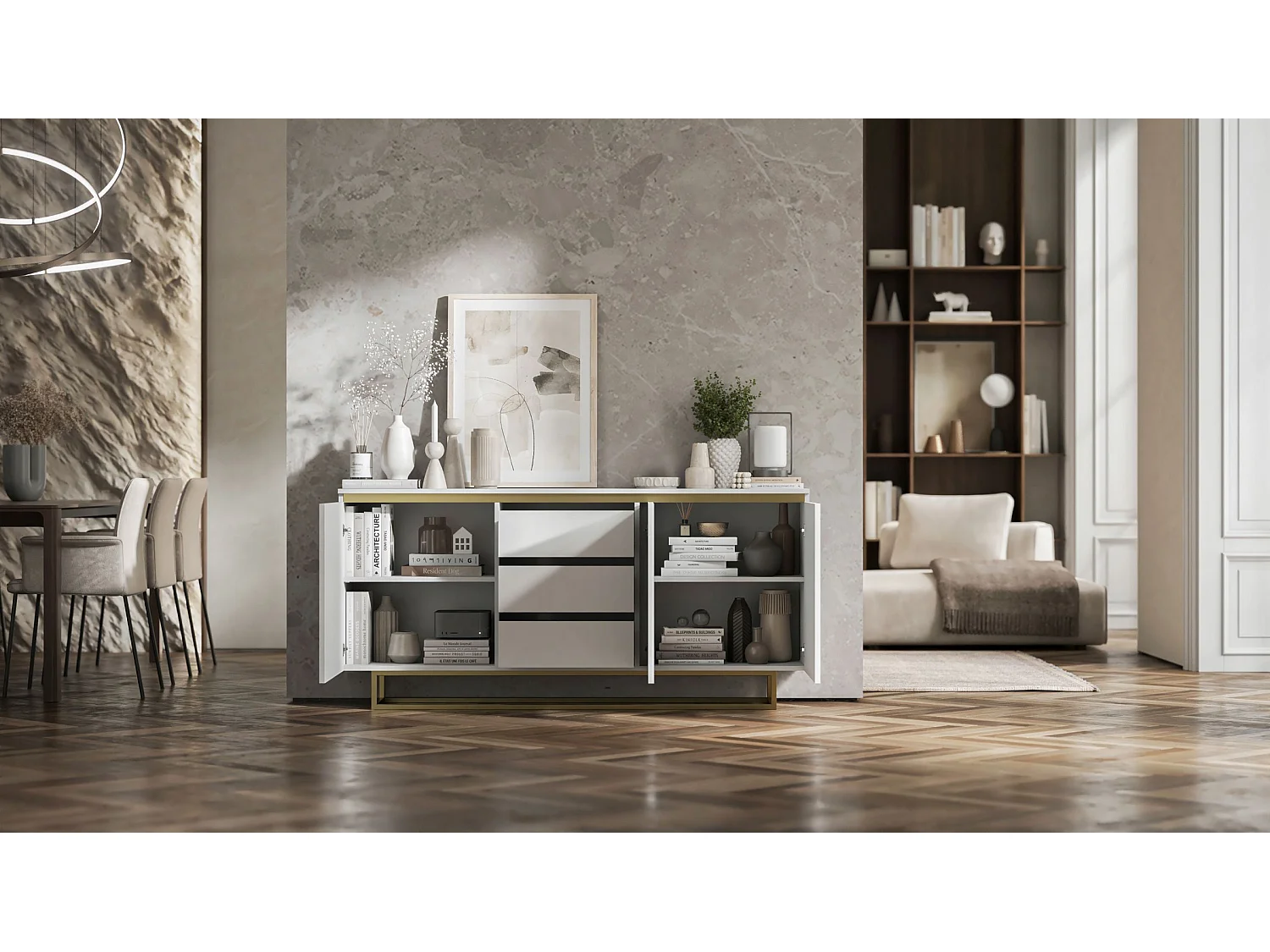 Commode à 3 portes – corps blanc mat, façades rainurées blanc mat – 166.8 cm, Cadre en métal doré