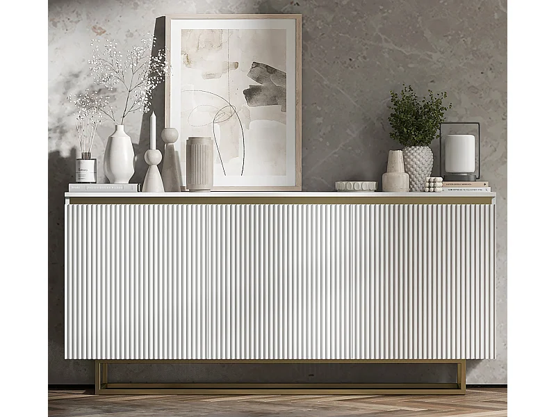 Commode à 3 portes – corps blanc mat, façades rainurées blanc mat – 166.8 cm, Cadre en métal doré