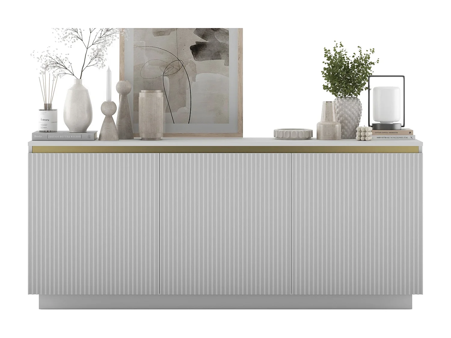 Commode à 3 portes – corps blanc mat, façades rainurées blanc mat – 166.8 cm, sur socle