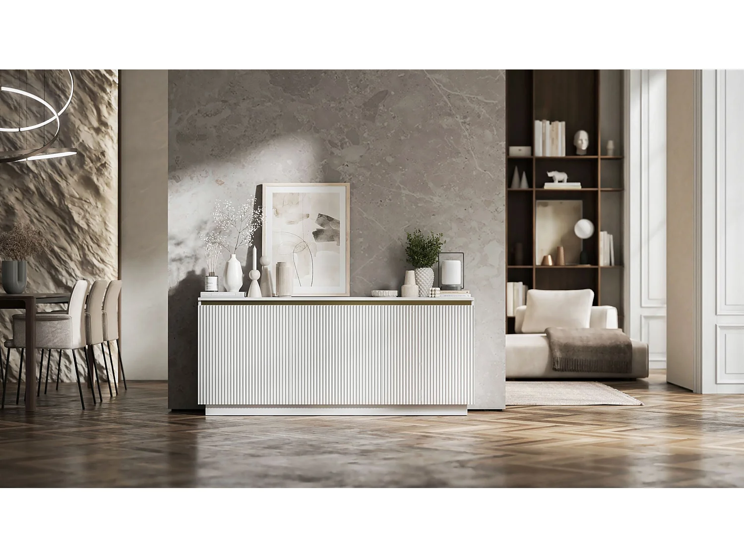 Commode à 3 portes – corps blanc mat, façades rainurées blanc mat – 166.8 cm, sur socle